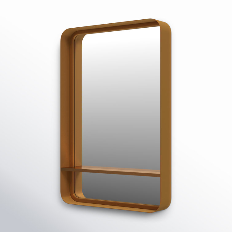 Elegant Rectangular Bronze and Gold Wood Bathroom Vanity Mirror with Shelf