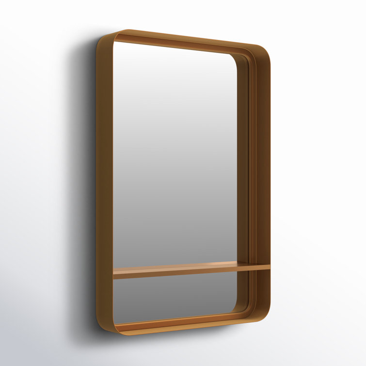 Elegant Rectangular Bronze and Gold Wood Bathroom Vanity Mirror with Shelf