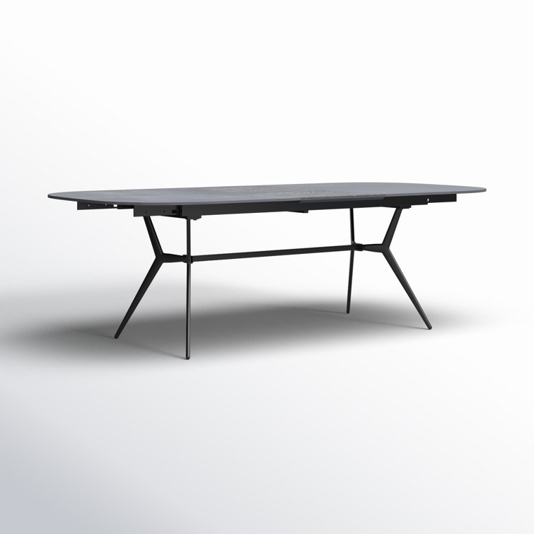 Black Ceramic and Wood Extendable Dining Table with Trestle Base