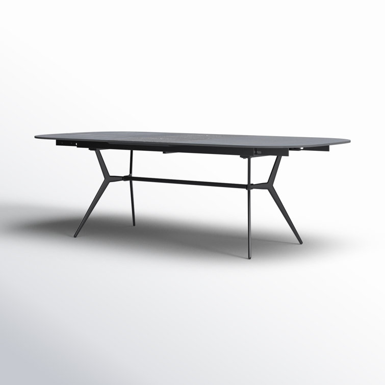 Black Ceramic and Wood Extendable Dining Table with Trestle Base