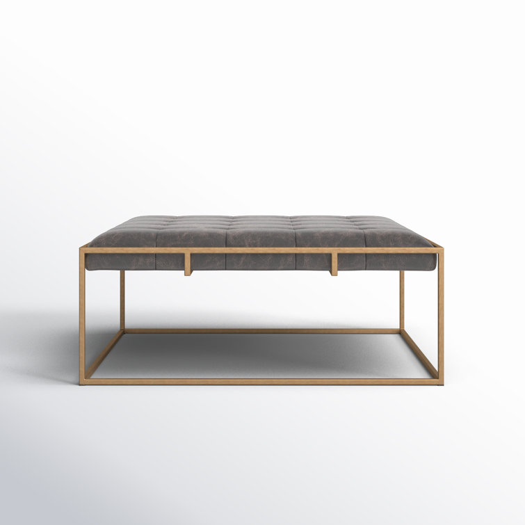 Olwina Distressed Leather Square Coffee Table in Brass-Tone