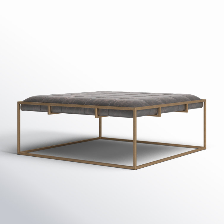 Olwina Distressed Leather Square Coffee Table in Brass-Tone