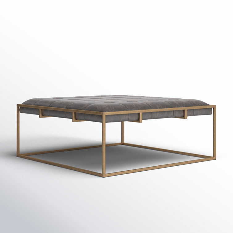 Olwina Distressed Leather Square Coffee Table in Brass-Tone