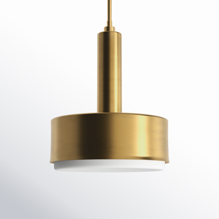 Lacquered Brass and Etched Opal Glass Drum Pendant Light