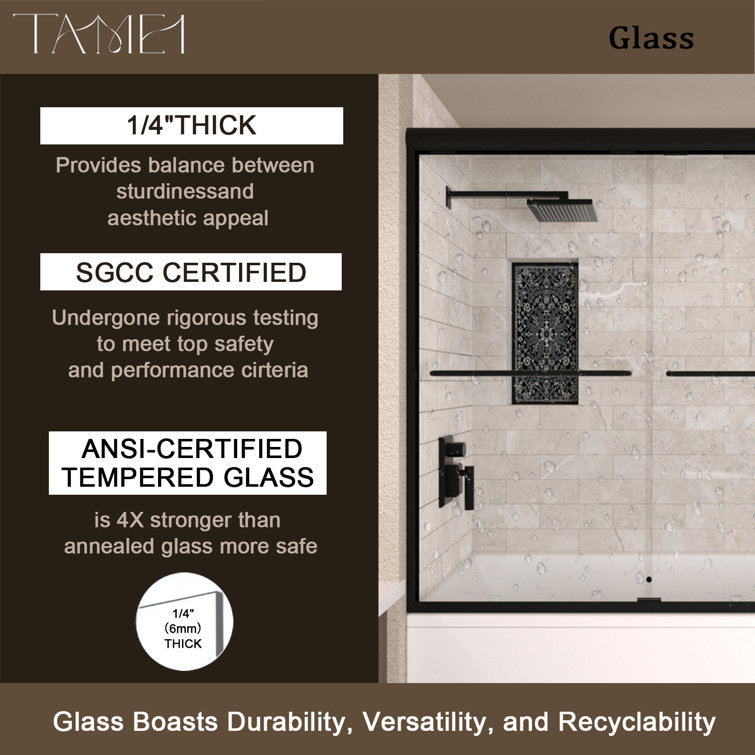 Matte Black Semi Frameless Sliding Tub Door with Clear Glass