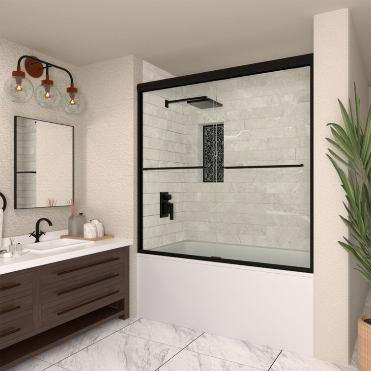 Matte Black Semi Frameless Sliding Tub Door with Clear Glass