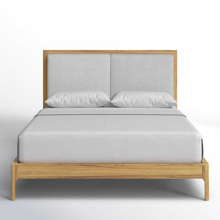 Natural Wood Queen Upholstered Platform Bed with Storage Drawer
