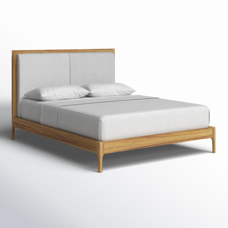 Natural Wood Queen Upholstered Platform Bed with Storage Drawer