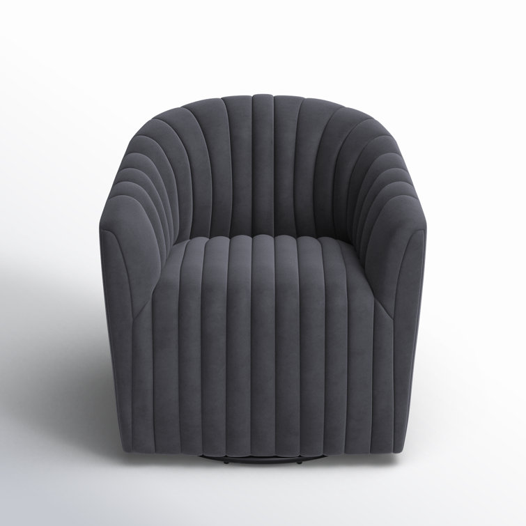 Handcrafted Gray Polyester Swivel Barrel Chair with Solid Wood Frame