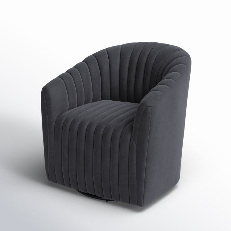 Handcrafted Gray Polyester Swivel Barrel Chair with Solid Wood Frame