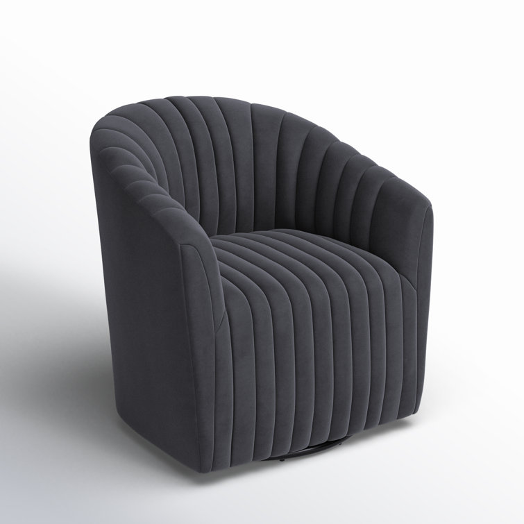 Handcrafted Gray Polyester Swivel Barrel Chair with Solid Wood Frame