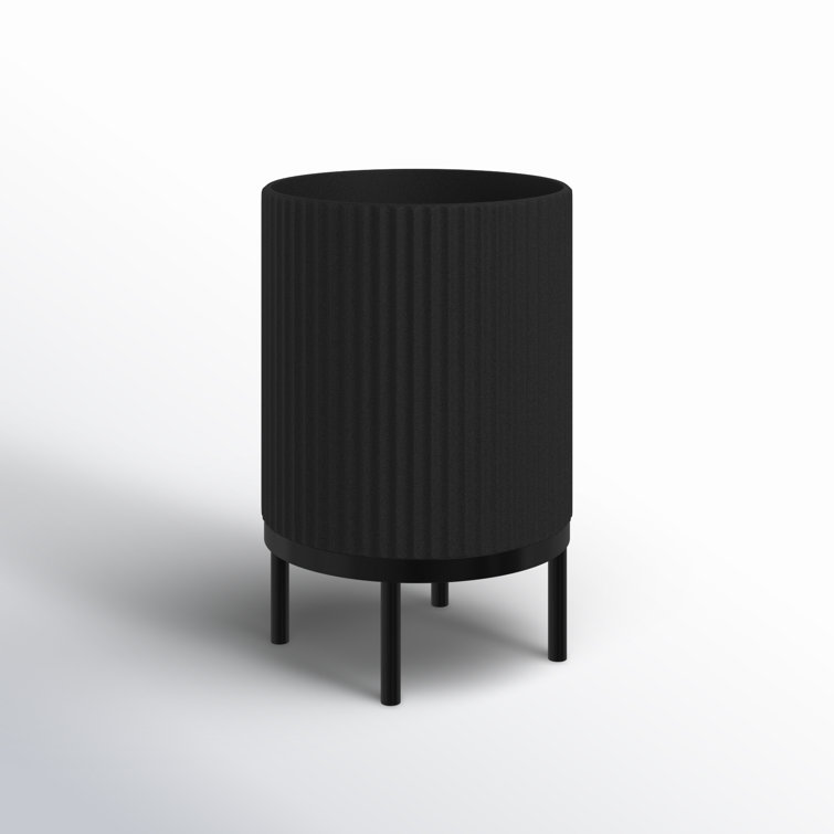 Black Fluted Concrete-Composite Planter with Acacia Wood Stand