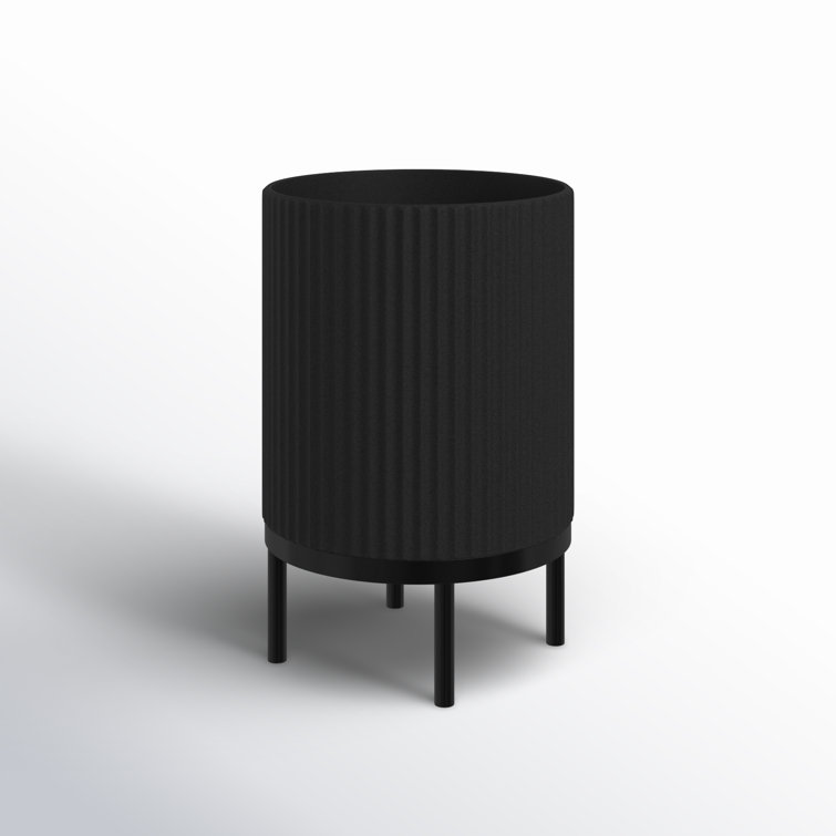 Black Fluted Concrete-Composite Planter with Acacia Wood Stand