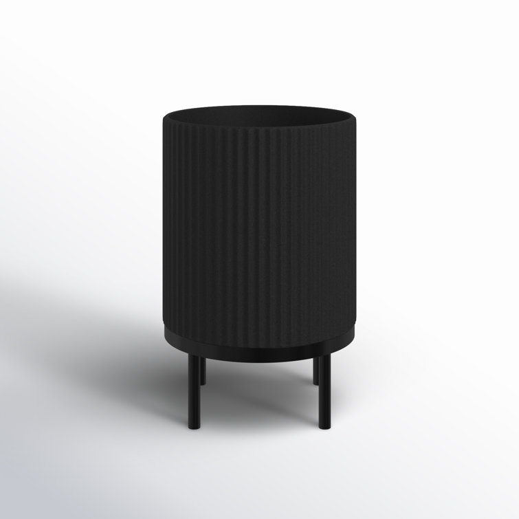 Black Fluted Concrete-Composite Planter with Acacia Wood Stand