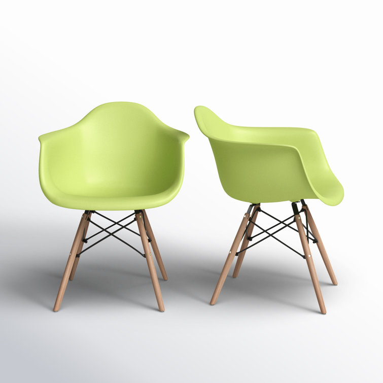 Green Molded Plastic Arm Chairs with Natural Wood Legs, Set of 2