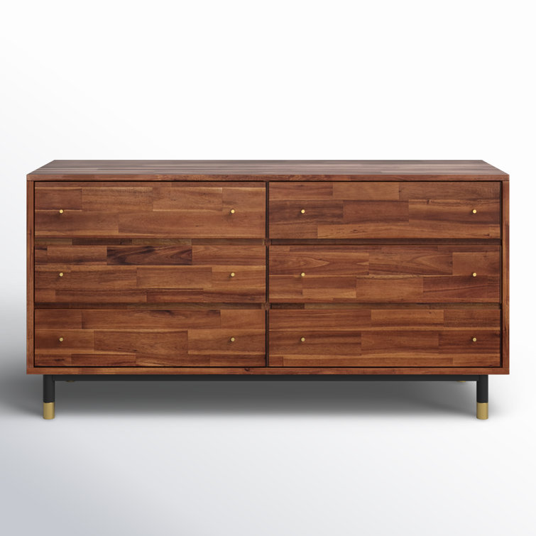 Dakota 58'' Brown Acacia Wood Double Dresser with Gold Accents
