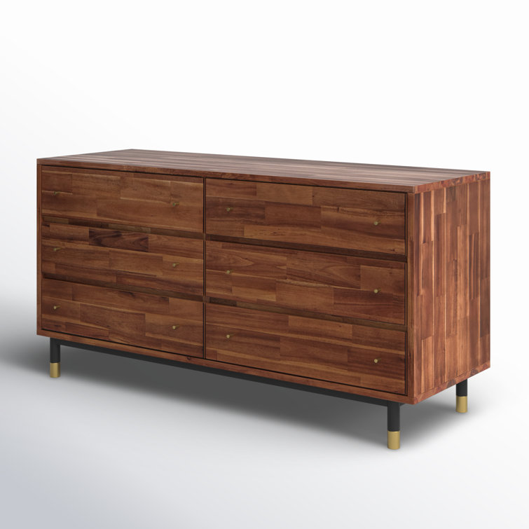 Dakota 58'' Brown Acacia Wood Double Dresser with Gold Accents