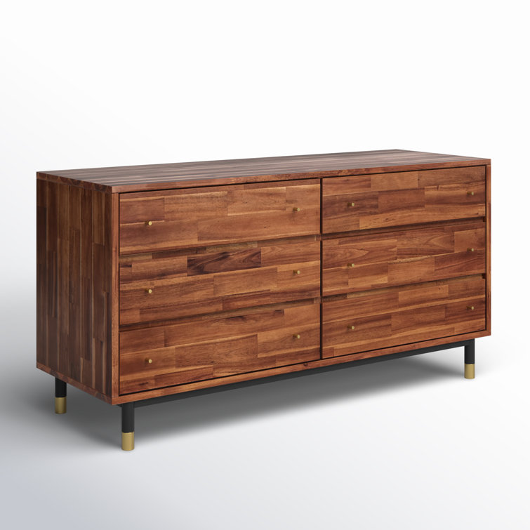 Dakota 58'' Brown Acacia Wood Double Dresser with Gold Accents