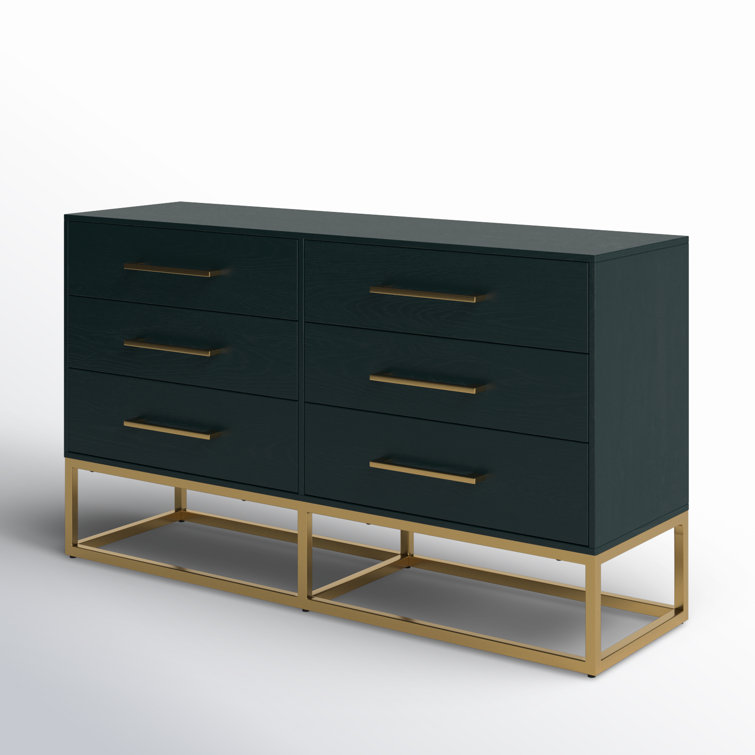 Estelle Transitional Teal 6-Drawer Dresser with Brass Accents