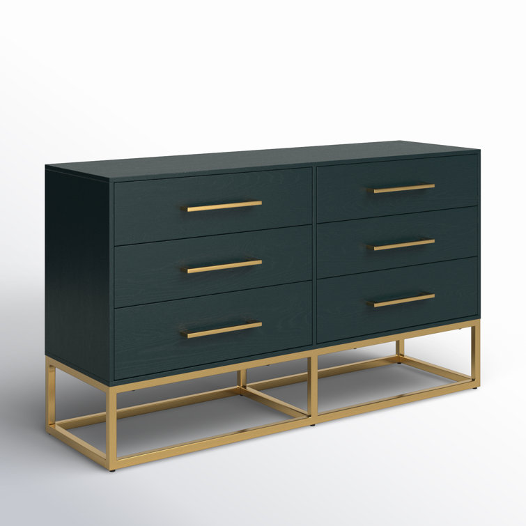 Estelle Transitional Teal 6-Drawer Dresser with Brass Accents