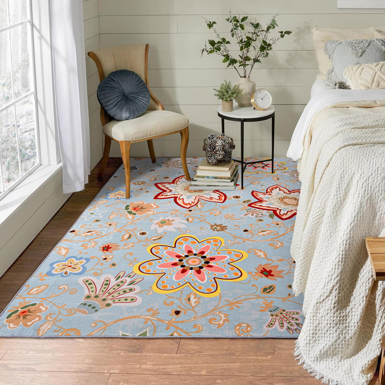 Blue Floral Synthetic Non-Slip Washable 5' x 7' Rug