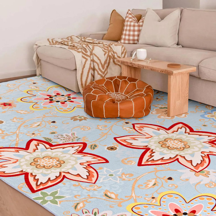 Blue Floral Synthetic Non-Slip Washable 5' x 7' Rug