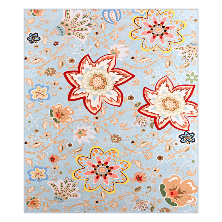 Blue Floral Synthetic Non-Slip Washable 5' x 7' Rug