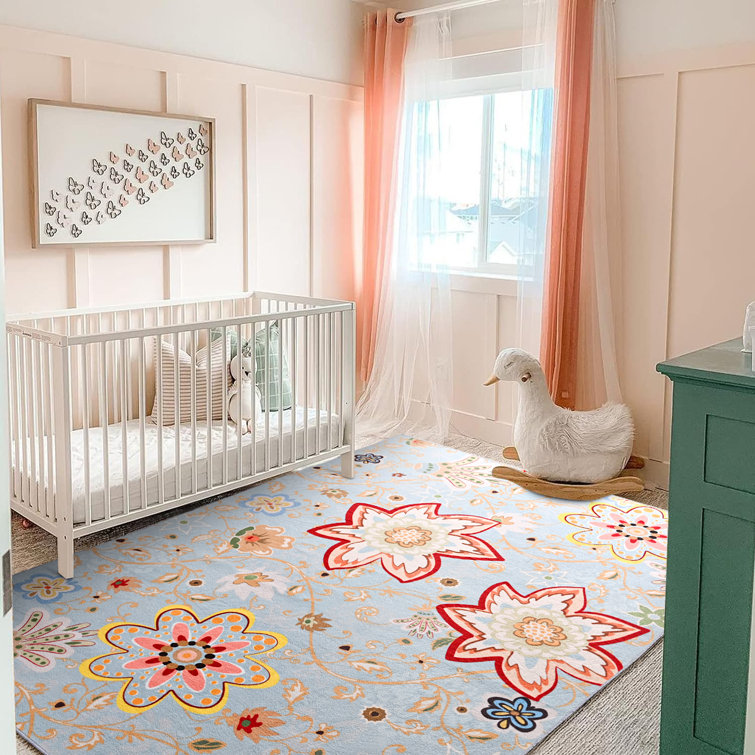 Blue Floral Synthetic Non-Slip Washable 5' x 7' Rug