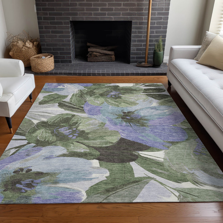 Olive and Blue Floral Synthetic Washable Area Rug