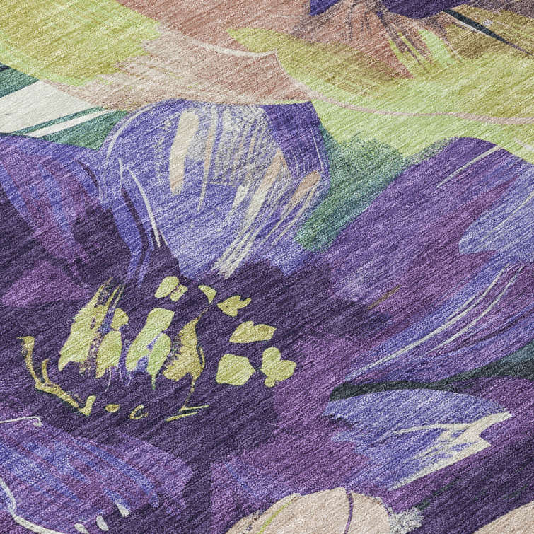 Machine Washable Red and Purple Floral Synthetic Rug