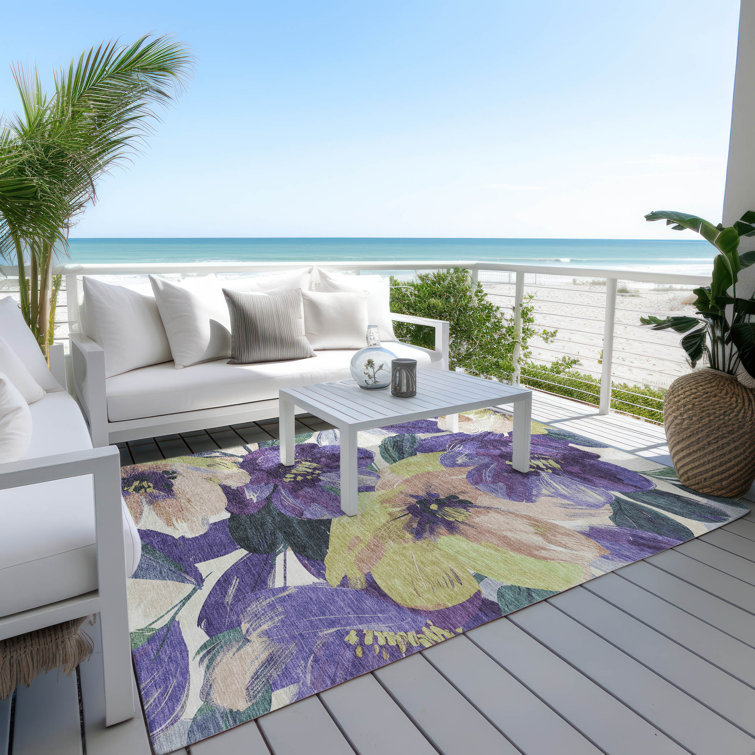 Machine Washable Red and Purple Floral Synthetic Rug