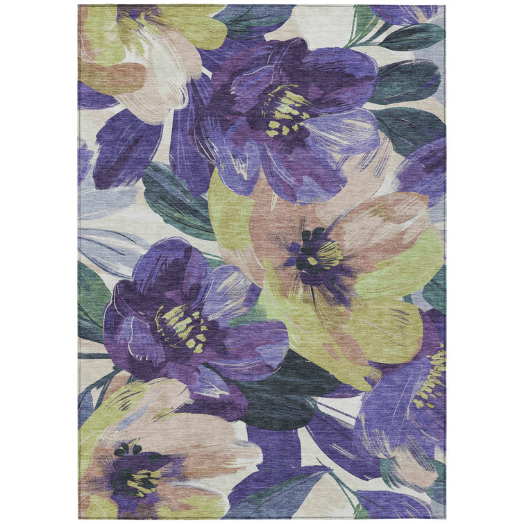 Machine Washable Red and Purple Floral Synthetic Rug