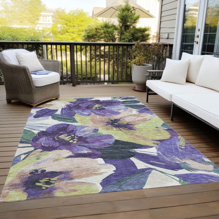 Machine Washable Red and Purple Floral Synthetic Rug