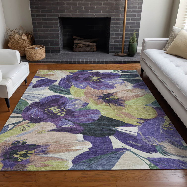 Machine Washable Red and Purple Floral Synthetic Rug