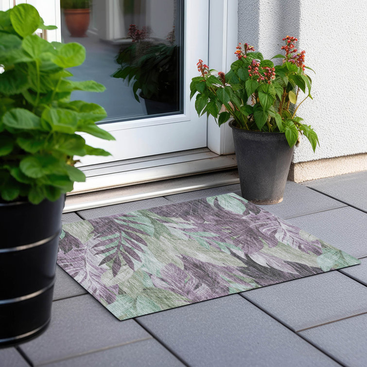 Lavender and Green Tropical Leaf Washable Rectangular Rug