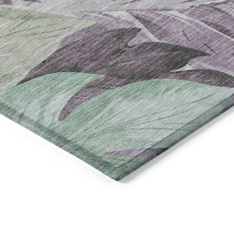 Lavender and Green Tropical Leaf Washable Rectangular Rug