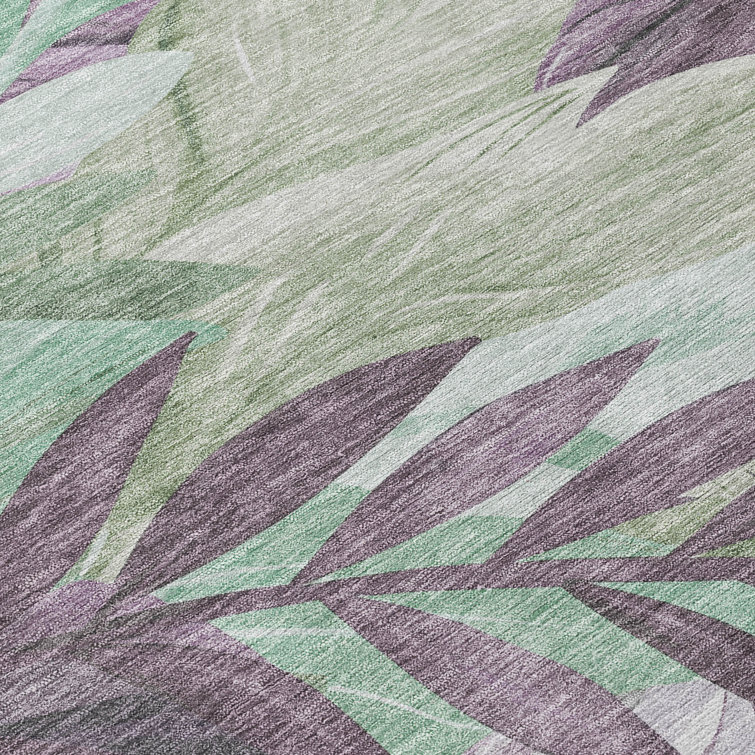 Lavender and Green Tropical Leaf Washable Rectangular Rug