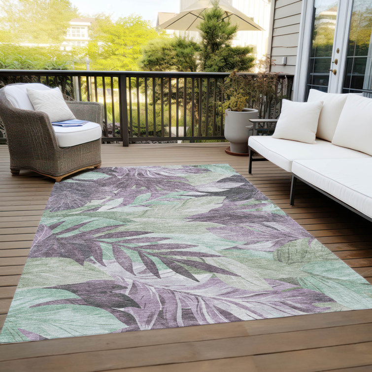 Lavender and Green Tropical Leaf Washable Indoor/Outdoor Rug