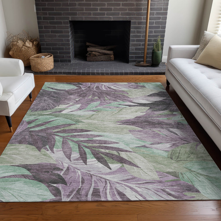 Lavender and Green Tropical Leaf Washable Indoor/Outdoor Rug