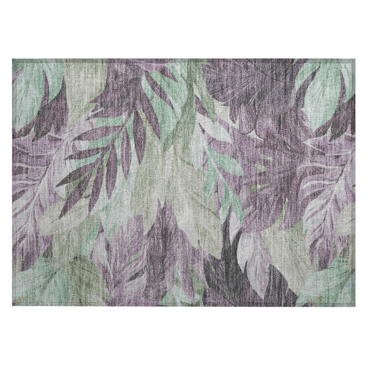 Lavender and Green Tropical Leaf Washable Rectangular Rug