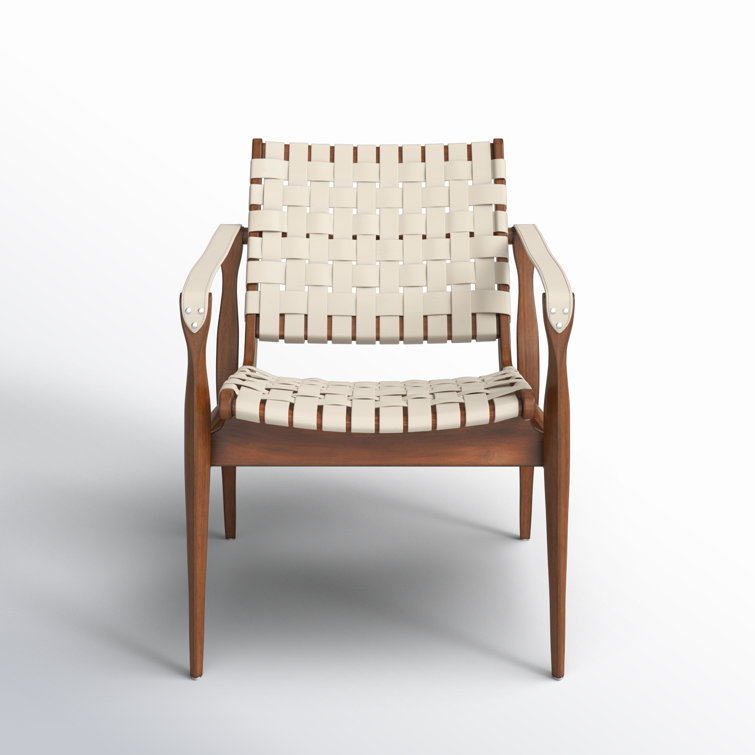 Cream and Mahogany Woven Leather Safari Accent Chair