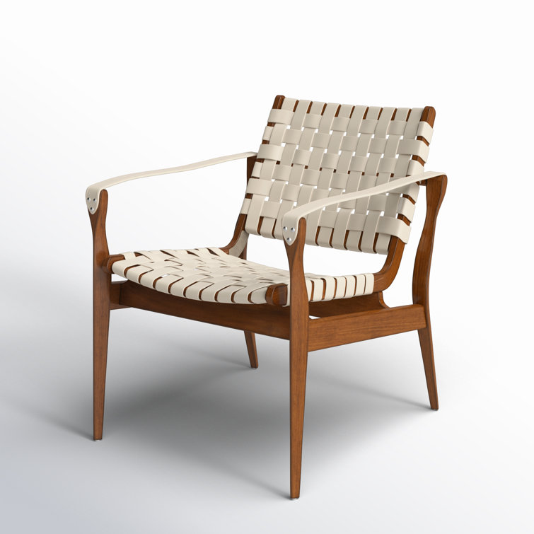 Cream and Mahogany Woven Leather Safari Accent Chair