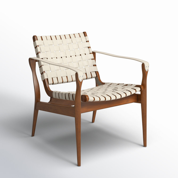 Cream and Mahogany Woven Leather Safari Accent Chair