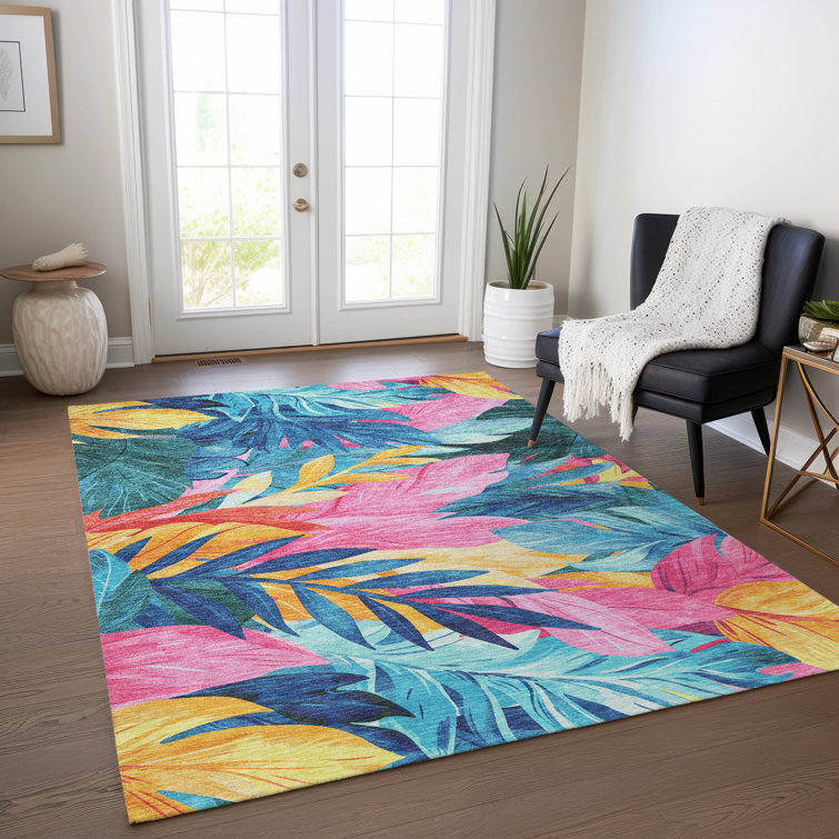 Tropical Floral Multicolor Washable Indoor/Outdoor Rug