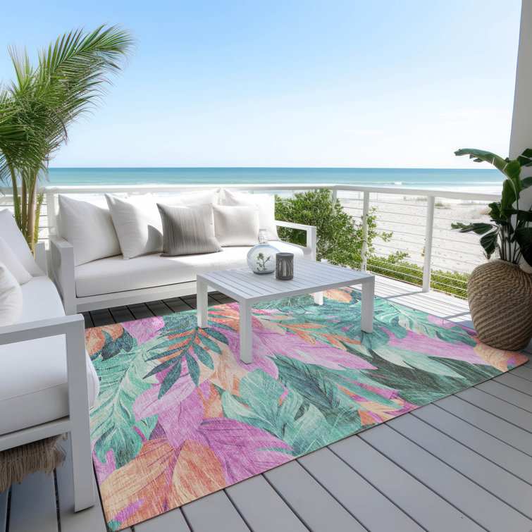 Tropical Floral Red and Teal Synthetic Washable Rug 3' x 5'