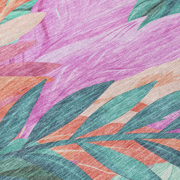 Tropical Floral Red and Teal Synthetic Washable Rug 3' x 5'