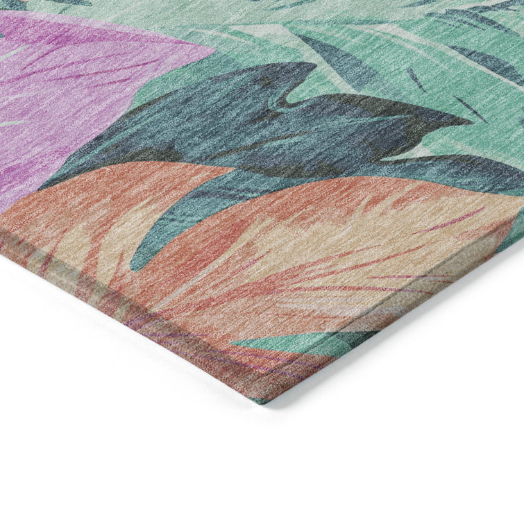 Tropical Floral Red and Teal Synthetic Washable Rug 3' x 5'