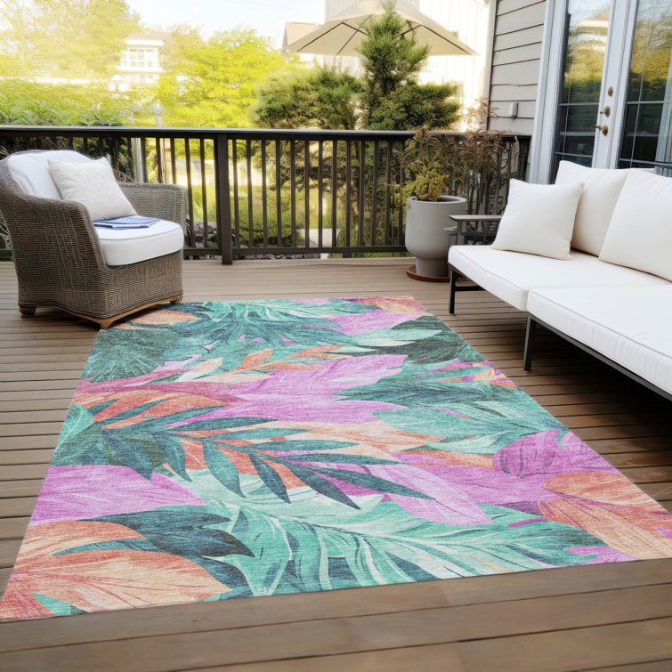 Tropical Floral Red and Teal Synthetic Washable Rug 3' x 5'