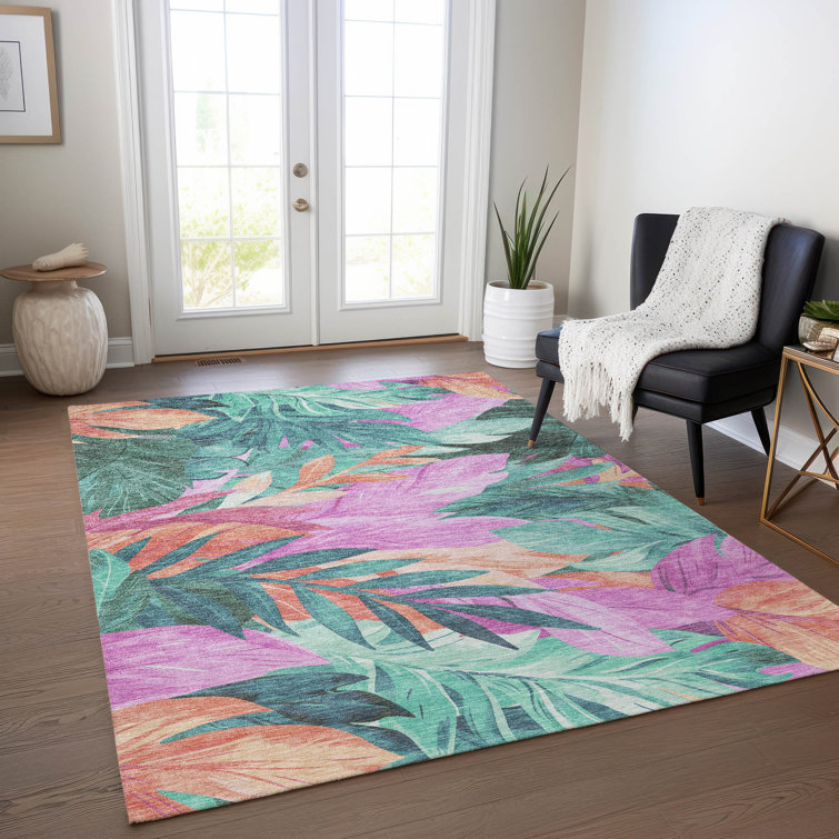 Tropical Floral Red and Teal Synthetic Washable Rug 3' x 5'