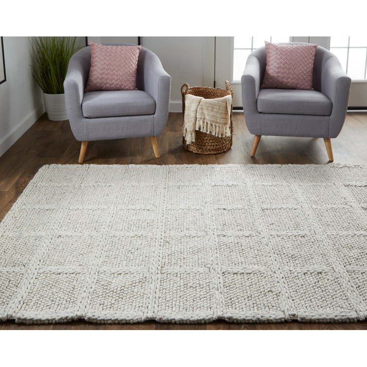 Ivory Handwoven Wool Rectangular Plaid Area Rug 2' x 3'